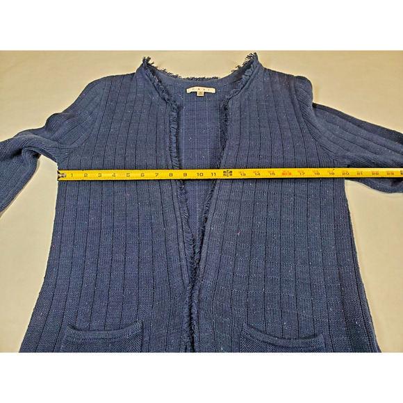 Cabi Womens Medium Navy Blue Speckled Duchess Cardigan Long Fringe Hems Pockets - Picture 9 of 11